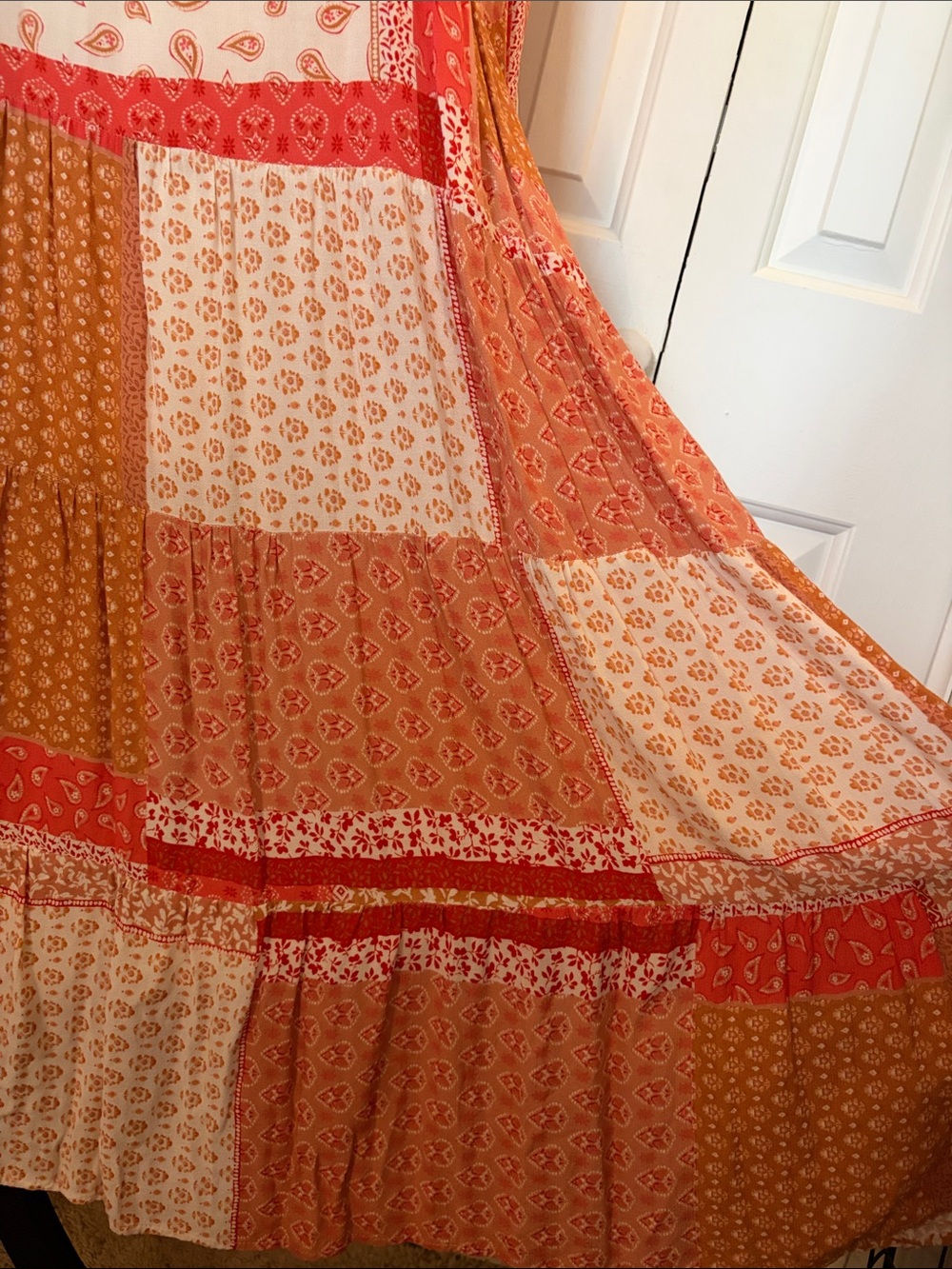 Aura Bohemian Patchwork Paisley Midi Dress in Coral, Cream, Rust - Picture 6 of 9